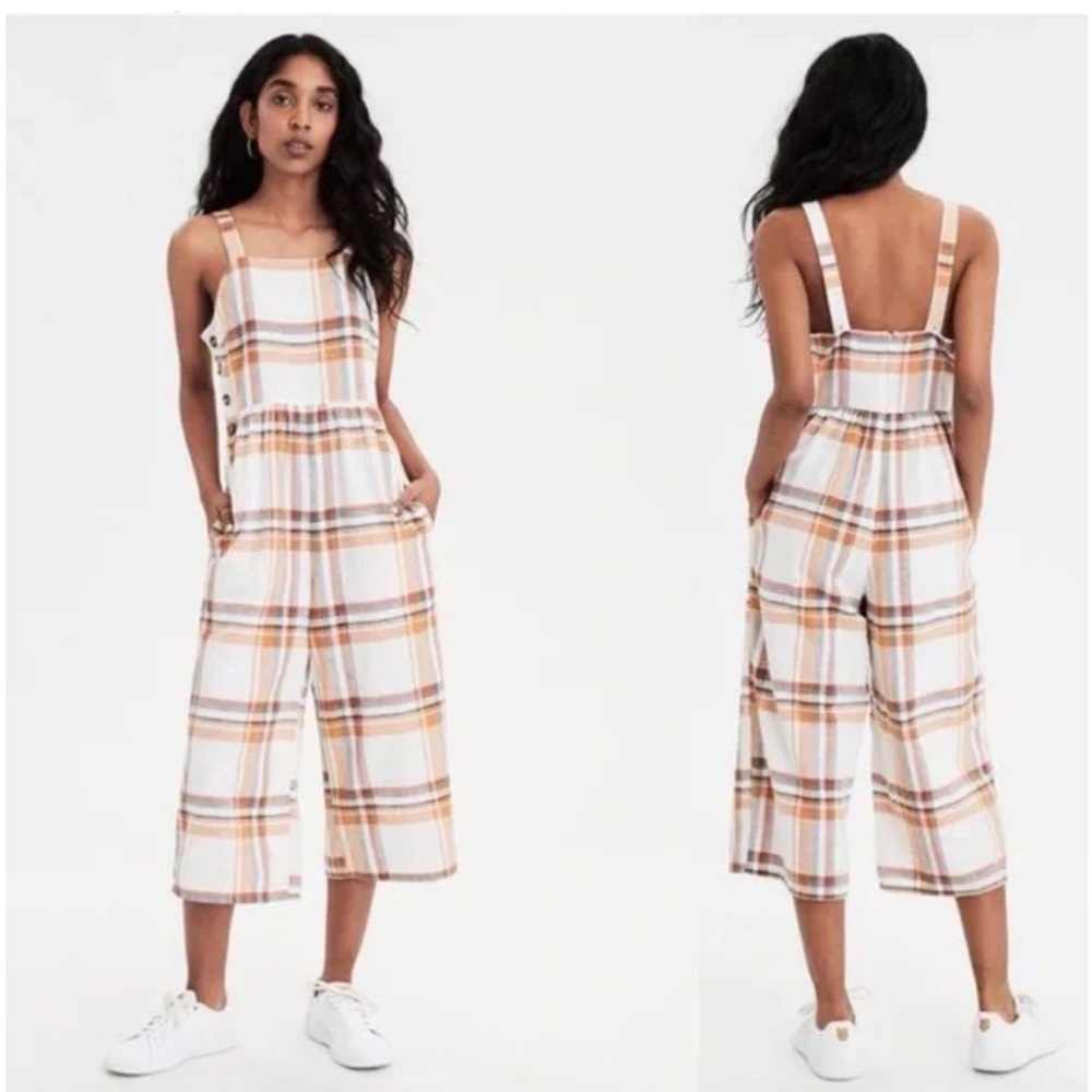 American Eagle Plaid Cotton Linen Cropped Wide Leg Jumpsuit size 6